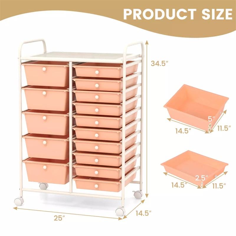 15-Drawer Rolling Storage Cart, Art &  Craft Organizer with Wheels & Removable Drawers for Tools, Scrapbook Paper, Home Office School