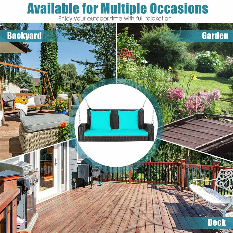2-Person Outdoor Wicker Hanging Porch Swing Bench with 3 Cushions