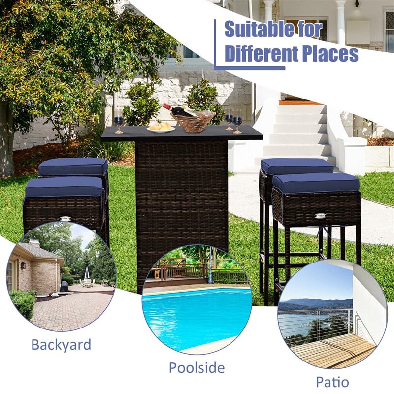 5 Piece Outdoor Rattan Bar Set Wicker Bar Furniture with 4 Cushioned Stools & Smooth Top Table Hidden Storage Shelf