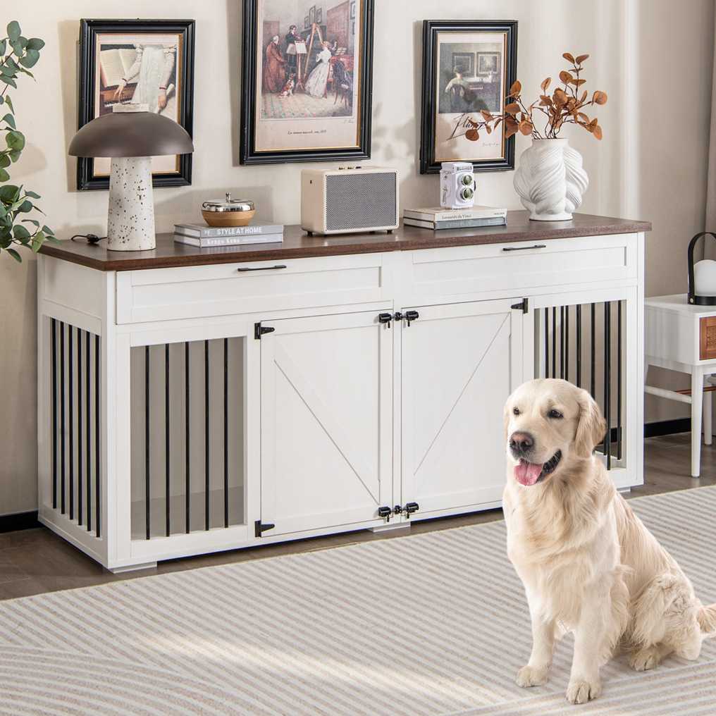 Large Double Dog Crate Furniture 72" Indoor Dog Kennel with Removable Room Divider, 2 Drawers & Doors for Medium Large Dogs