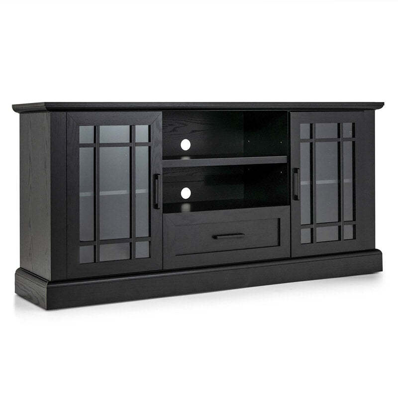 Farmhouse TV Stand for TVs up to 70", Entertainment Center Tall Media Console with 2 Glass Doors, Cubbies & Drawer, Living Room Storage Cabinet