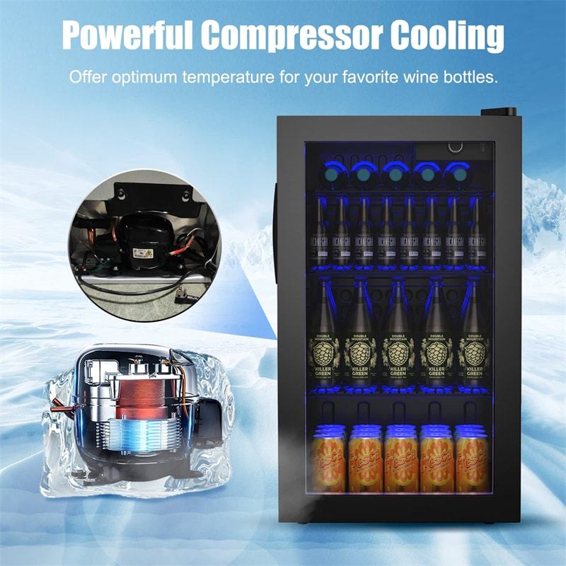 120-Can Mini Beverage Fridge, Freestanding Beverage Refrigerator w/2-Layer Glass Door & Removable Shelves, Beer/Wine/Soda Cooler for Home, Office, Bar