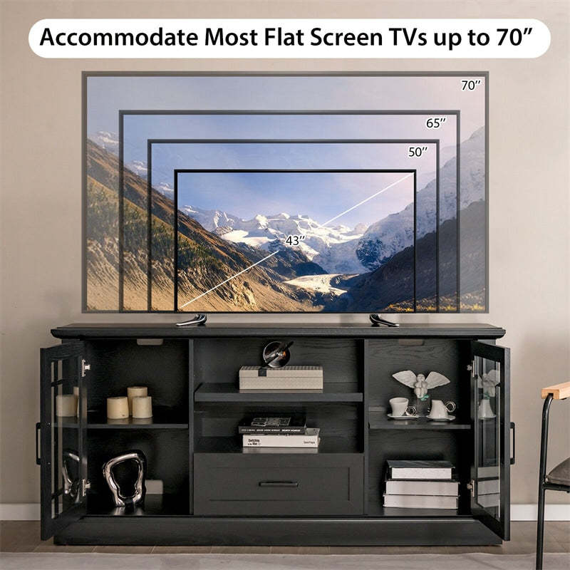 Farmhouse TV Stand for TVs up to 70", Entertainment Center Tall Media Console with 2 Glass Doors, Cubbies & Drawer, Living Room Storage Cabinet
