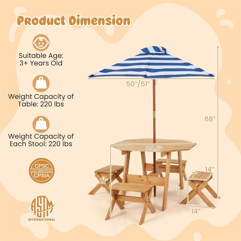 Kids Picnic Table Bench Set Fir Wood Octagon Table with 4 Chairs & Stripe Fabric Umbrella, Toddler Activity Table for Outdoor Garden Backyard