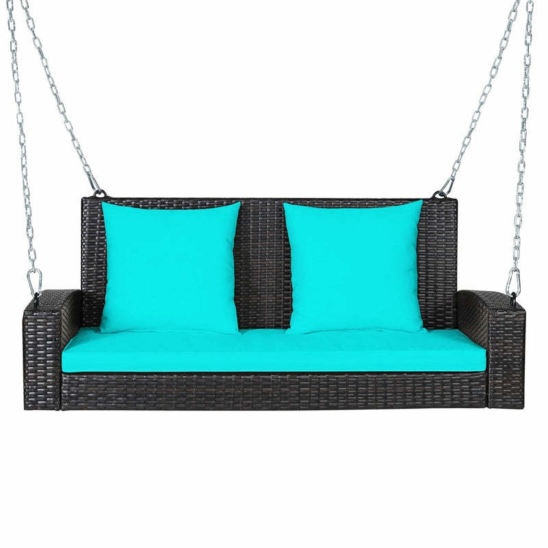 2-Person Wicker Patio Swing Bench with Removable Cushions & Reinforced Steel Chain, 800lbs Capacity Rattan Porch Swing for Backyard, Garden