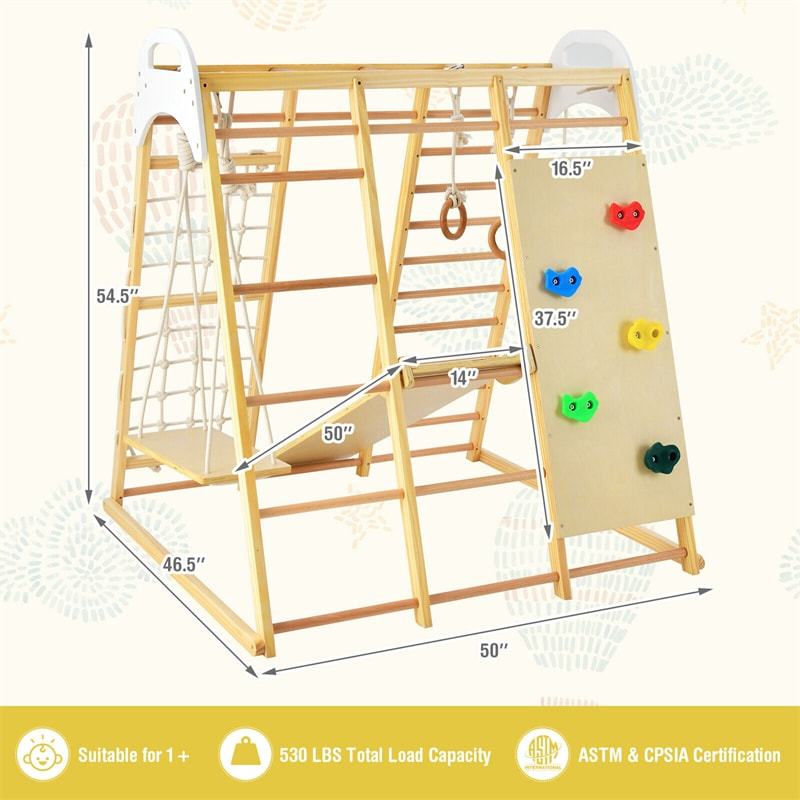 Indoor Jungle Gym for Kids, 8-in-1 Toddler Wooden Montessori Indoor Playground Climber Playset with Slide, Monkey Bars, Climbing Rock & Net