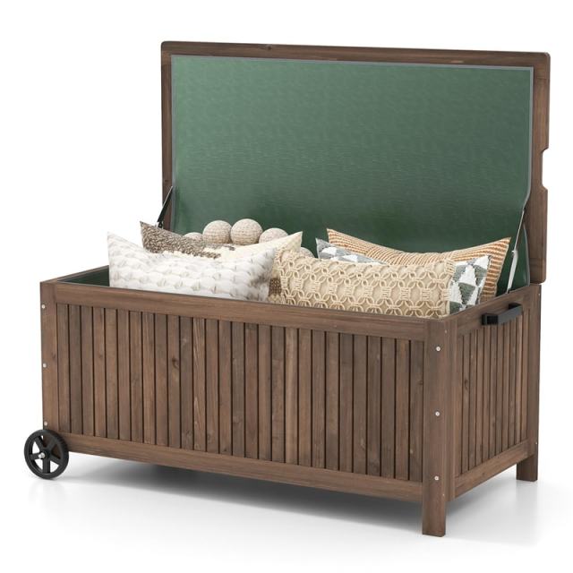 56 Gallon Fir Wood Deck Box Outdoor Storage Box Wooden Patio Storage Bench with Wheels & Removable Waterproof PE Liner for Pillows Garden Tools