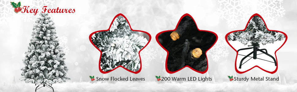 4.5ft Pre-Lit Snowy Artificial Christmas Tree Flocked Xmas Tree with 200 LED Lights & Metal Stand for Holiday Decoration