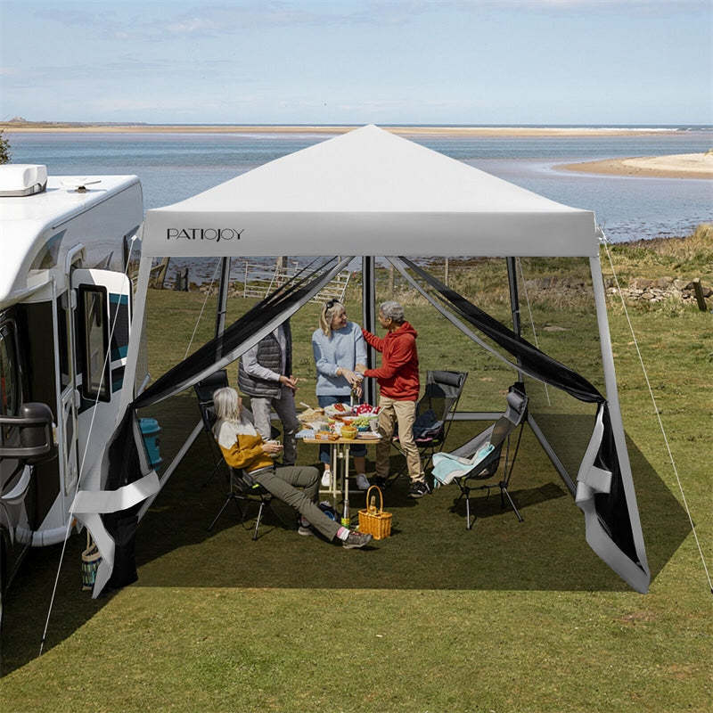 10x10FT Slant Leg Pop-Up Canopy with Mesh Sidewalls & Roller Bag, Foldable Outdoor Instant Setup Canopy Tent for Patio, Camping, Beach Events