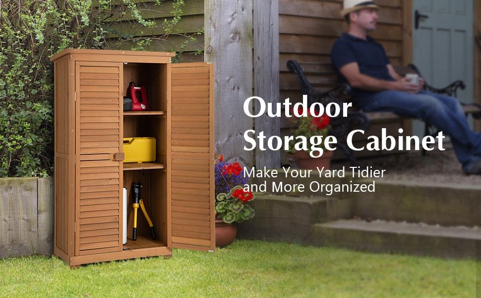 63” Outdoor Wood Storage Cabinet Garden Tool Shed with Double Lockable Doors 3 Shelves Asphalt Roof