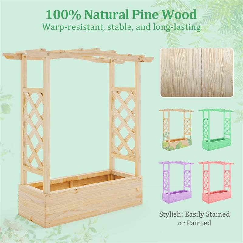 44" Wood Raised Garden Bed with Trellis, Hanging Roof & Drainage System, Freestanding Elevated Garden Planter for Flowers, Herbs, Climbing Vines