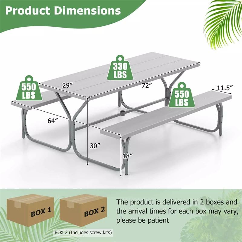 6FT Picnic Table & Bench Set for 8-Person, Heavy Duty Weather-Resistant Outdoor Dining Table with Umbrella Hole HDPE Tabletop & Built-in Benches