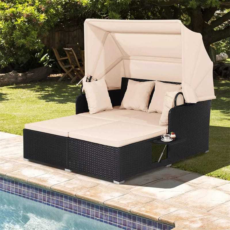 Outdoor Wicker Daybed, Hand-Woven Rattan Daybed with Retractable Canopy, 2 Side Tables, Soft Cushions, Chaise Loveseat for Garden Backyard