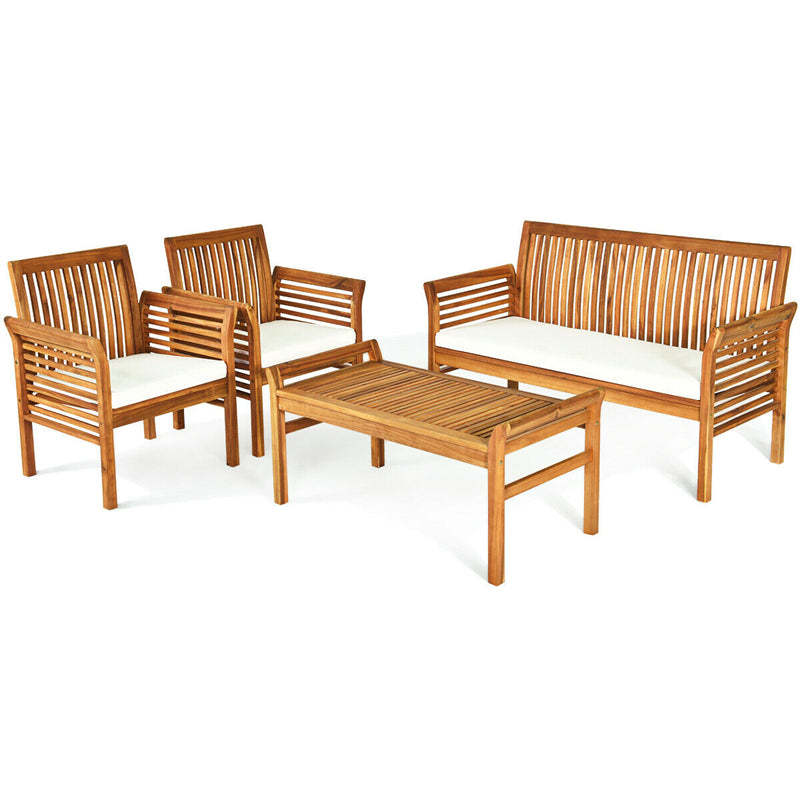 4 Piece Outdoor Acacia Wood Sofa Set with Waterproof Cushions & Coffee Table, Wooden Patio Conversation Set for Backyard, Poolside, Garden