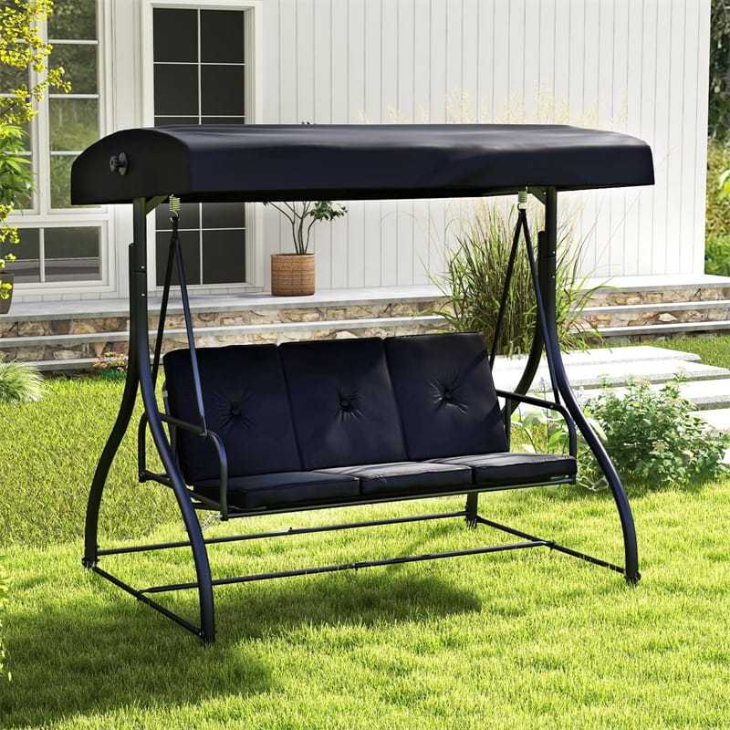 2-in-1 Convertible Patio Swing with Adjustable Canopy & Removable Cushions, Steel Frame 3-Person Outdoor Swing Bed for Deck/Backyard/Garden