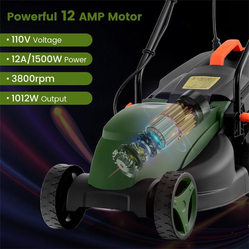 14" Corded Electric Lawn Mower 12-AMP 2-in-1 Walk-Behind Push Lawnmower with Collection Box & 3 Adjustable Height Position