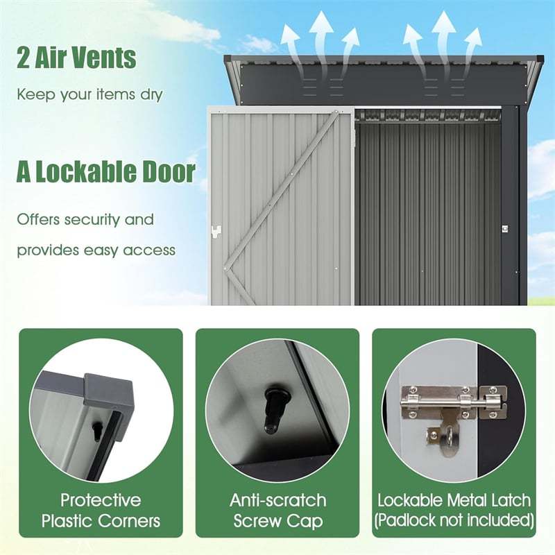 5x3FT Outdoor Storage Shed, Galvanized Steel Garden Tool House with Sloped Roof & Lockable Door, Weatherproof for Patio, Backyard, Trash Can Storage
