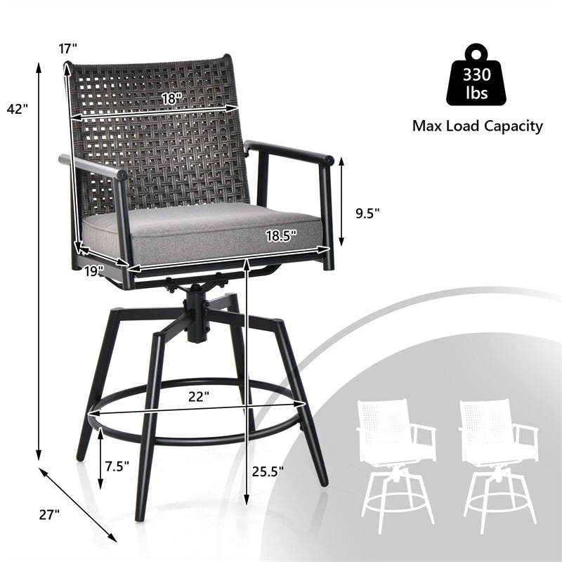 Outdoor 360° Swivel Bar Stools Set of 2 with PE Rattan Back, Removable Cushions, Metal Frame Counter Height Bar Chairs for Patio, Deck, Backyard