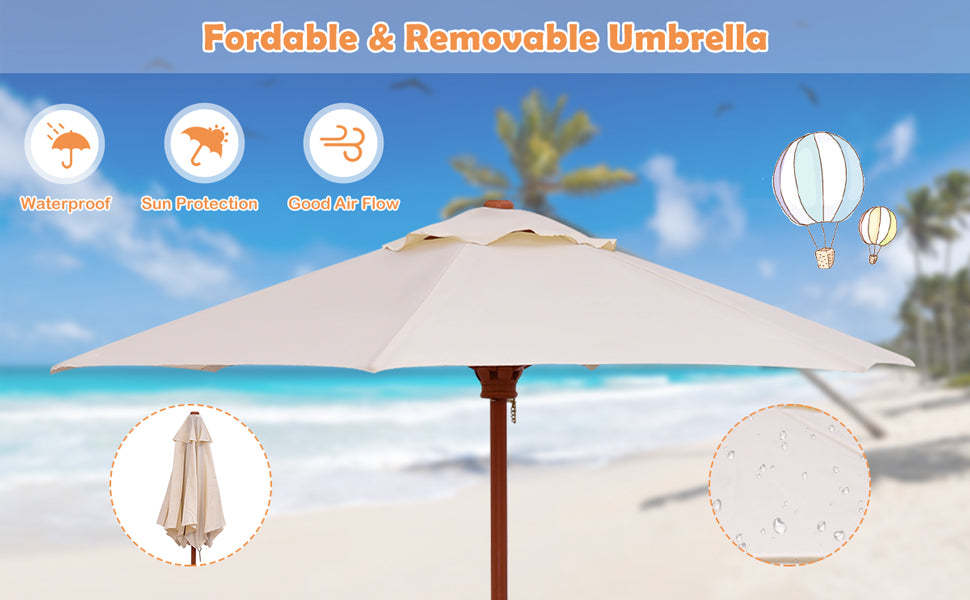 Kids Outdoor Picnic Table Toddler Wood Patio Table & Bench Set with Removable Folding Umbrella for Backyard Garden Lawn