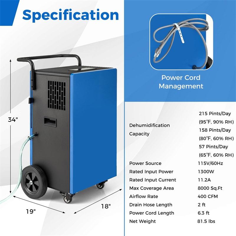 215 Pints Commercial Dehumidifier, 8,000 Sq.Ft Industrial Dehumidifier with Drain Hose, 24H Timer & 4 Wheels for Home Basement Warehouse Water Damage