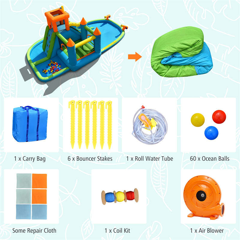 Inflatable Water Slide, 8-in-1 Kids Bounce House Water Park with Slide, Splash Pool, Ball Pit, Hide & Seek Cave for Indoor/Outdoor Backyard Party Fun