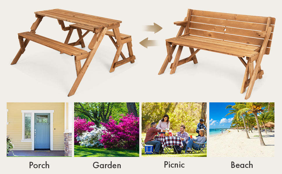 2-in-1 Convertible Wooden Picnic Table Garden Bench Set Folding Outdoor Dining Table with Umbrella Hole