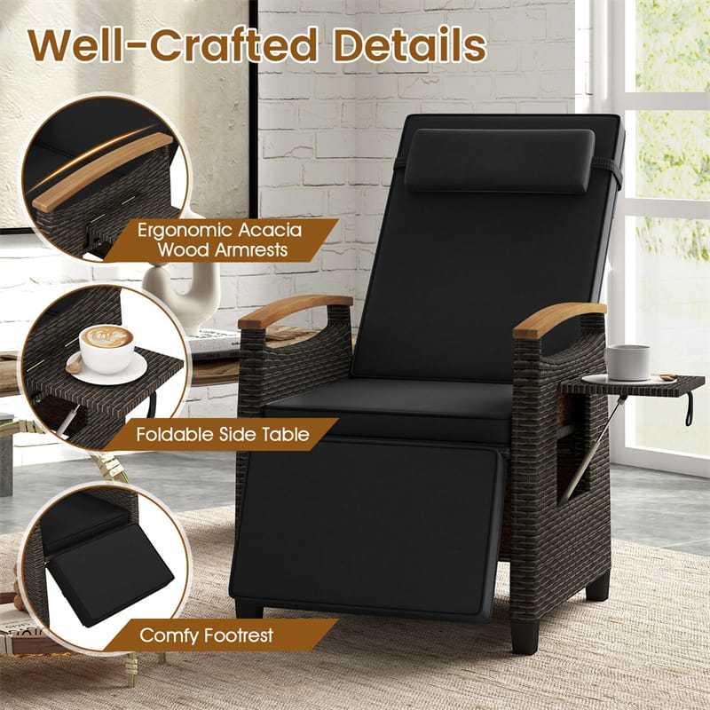 Outdoor Wicker Recliner Chair with Adjustable Backrest, Footrest, Flip Side Table & Cushion, Patio Rattan Chaise Lounge for Backyard Porch