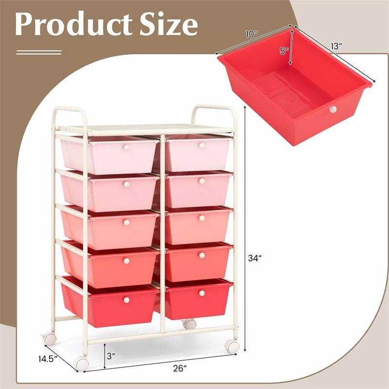 10 Drawer Rolling Cart, Storage Cart Organizer with Wheels, Mobile Utility Cart for Classroom, Office, Home, Craft, Art, Paper, Salon