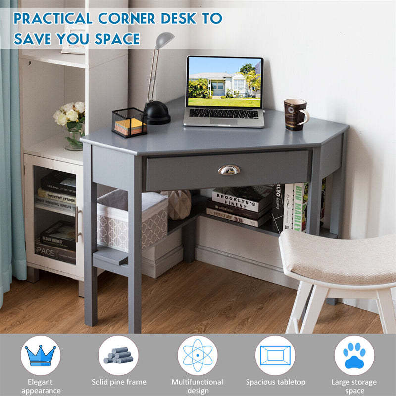Corner Desk Triangle Computer Desk Laptop Writing Table Workstation Vanity Desk with Drawers & Storage Shelves