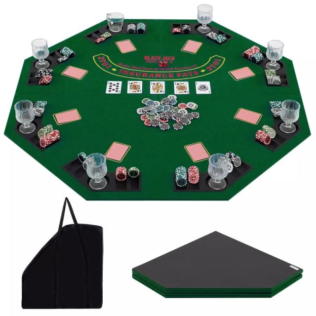 48" Folding Poker Table Top, 8-Player Portable Casino Card Game Top with Cup Holders, Chip Trays, Carrying Bag & Non-Slip Bottom for Family Fun