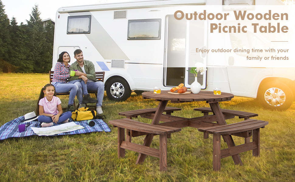 8-Person Wood Patio Picnic Dining Table Bench Set with Umbrella Hole for Garden Yard