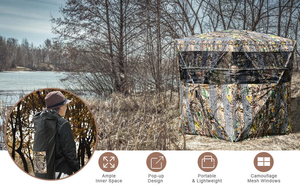 See Through Hunting Blind 3 Person Pop Up Ground Blind Camo Deer Hunting Tent with Hub System & Carrying Bag