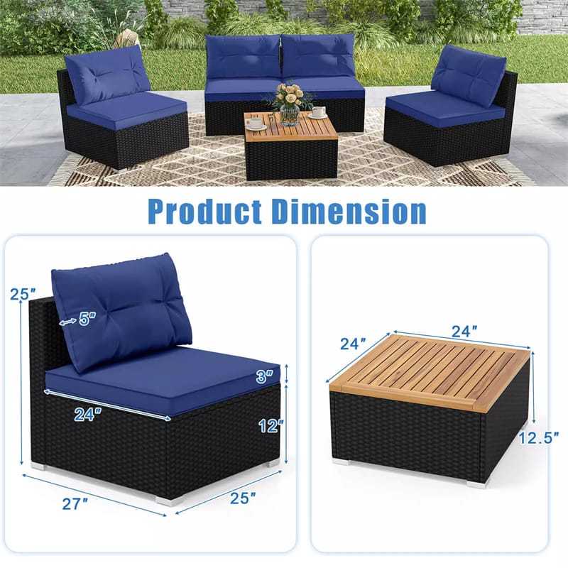 5 Piece PE Rattan Patio Sofa Set with Acacia Wood Top Coffee Table, Seat & Back Cushions, Wicker Outdoor Sectional Furniture for Backyard Garden