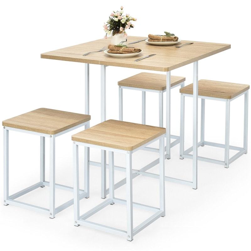 5pcs Compact Dining Table Set with 4 Square Stools & Metal Frame for Small Space Pub Apartment