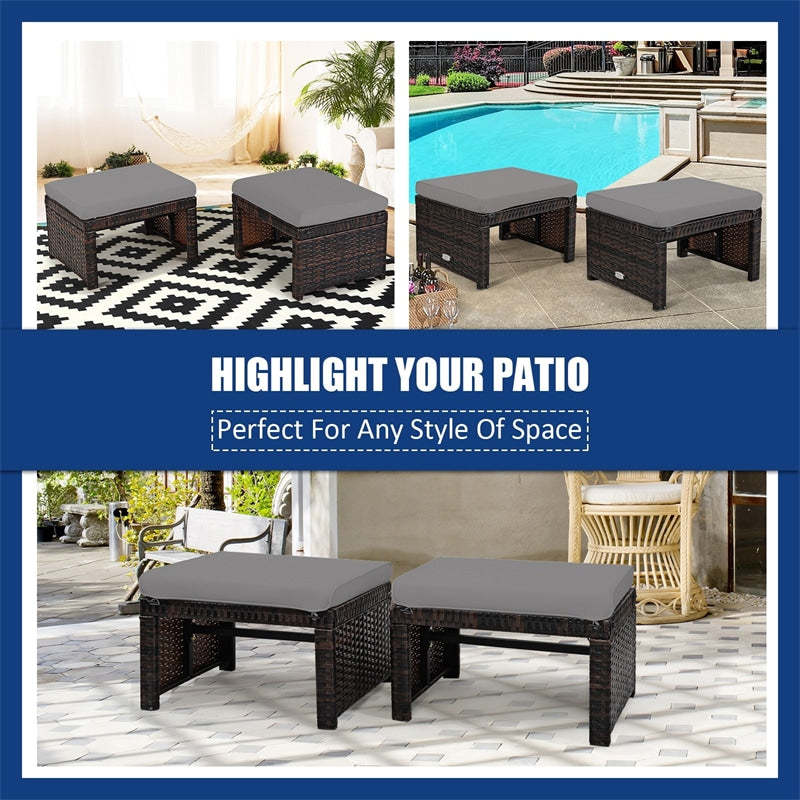 2 Pieces Patio Rattan Cushioned Ottomans Footstools