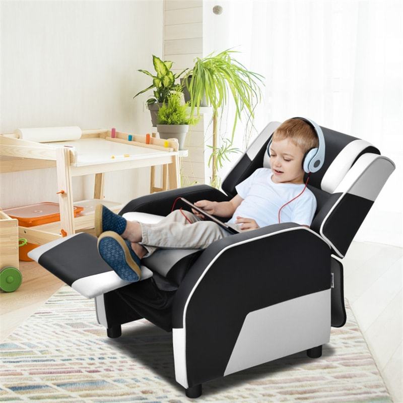 Kids Recliner Chair, Adjustable Gaming Recliner with Footrest, Headrest & Lumbar Support, Ergonomic PU Leather Lounge Sofa for Boys & Girls