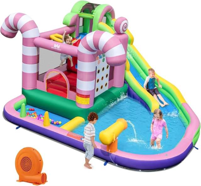 9-in-1 Inflatable Water Slide Bounce House Sweet Candy Backyard Bouncy Castle Waterpark Pool with GFCI 680W Blower, Climbing Wall & Tic-Tac-Toe