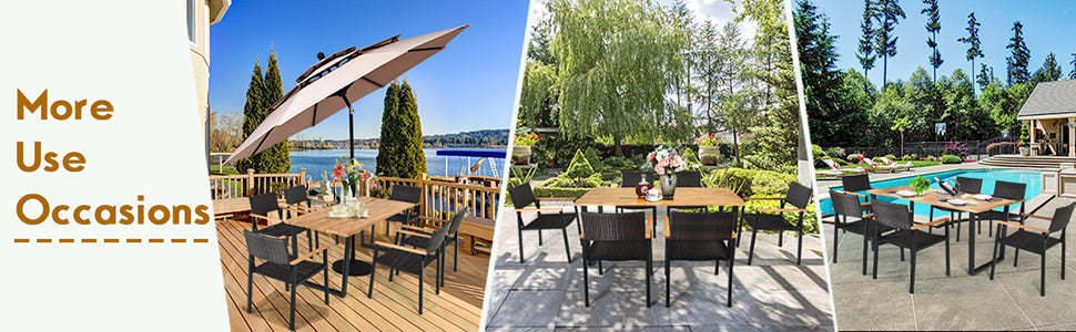 7 Pcs Rattan Patio Dining Furniture Set with Acacia Wood Table & Wicker Chairs