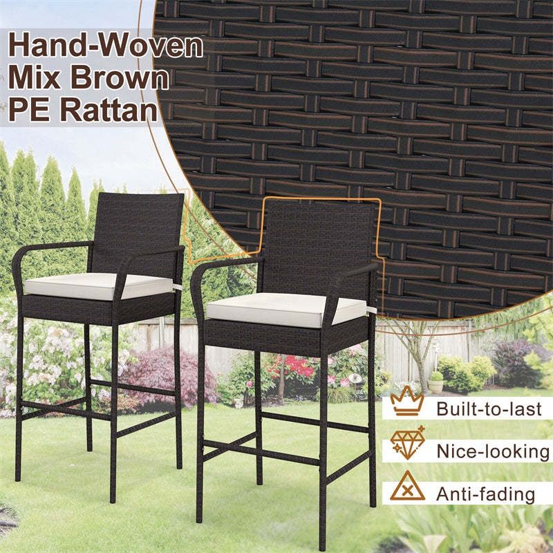 4 Pack Outdoor Wicker Bar Stools 29.5" PE Rattan Patio Bar Height Stools High Back Bar Chairs with Armrests, Cushions, Heavy Duty Metal Frame