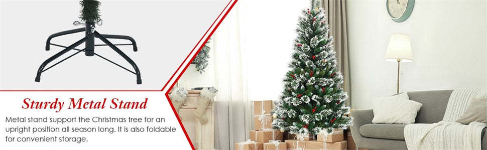 8ft Snow Flocked Pencil Artificial Christmas Tree with Red Berries