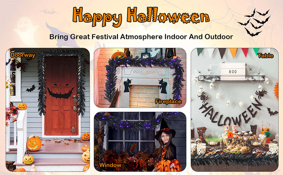 9FT Pre-lit Black Halloween Garland Artificial Christmas Garland with 50 Purple LED Lights