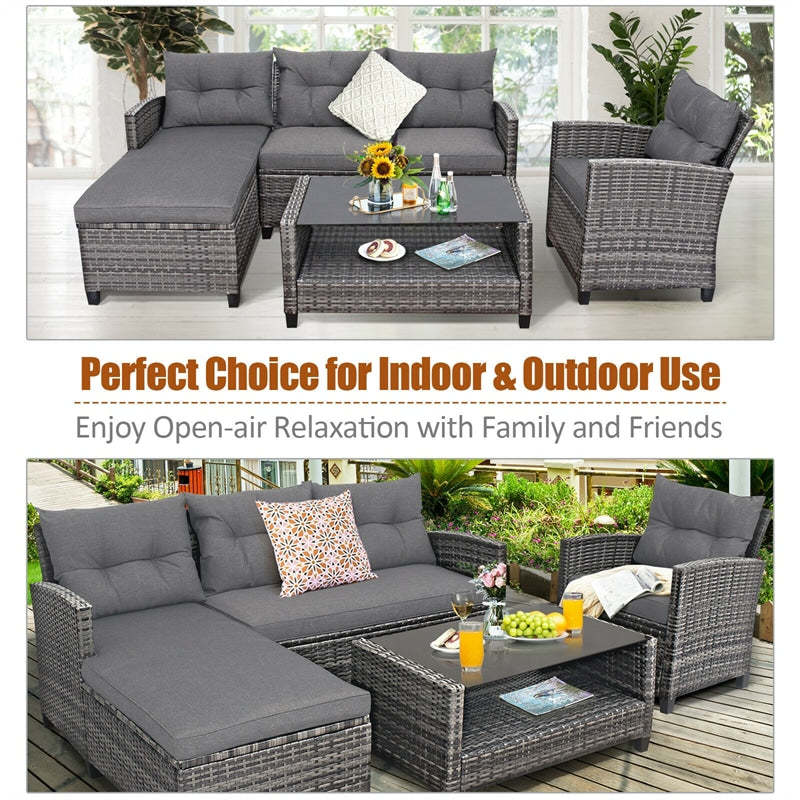 4 Piece Rattan Patio Conversation Set Sectional Sofa Set with Coffee Table & Cushions