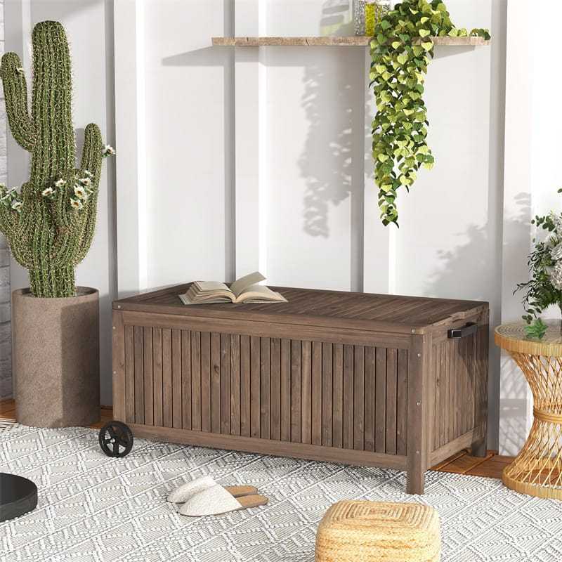 56 Gallon Fir Wood Deck Box Outdoor Storage Box Wooden Patio Storage Bench with Wheels & Removable Waterproof PE Liner for Pillows Garden Tools