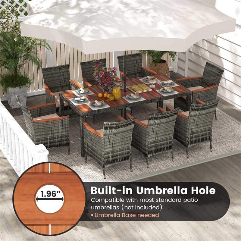 9 Piece Patio Rattan Dining Set Outdoor Wood Wicker Furniture Set with Acacia Wood Table, Umbrella Hole, Cushioned Chairs