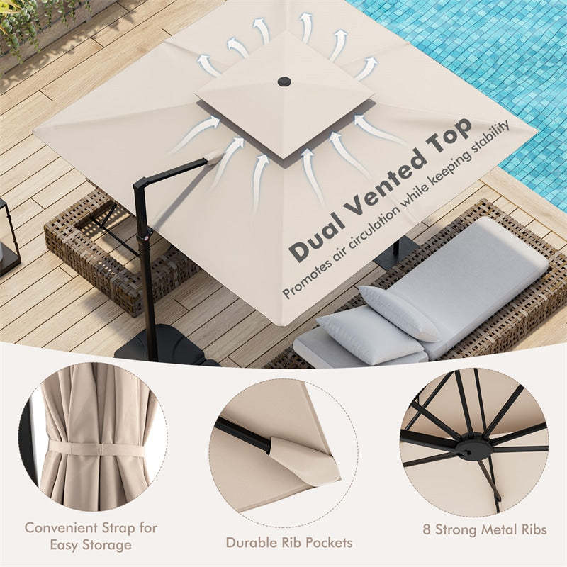9.5FT Square Double Top Cantilever Umbrella Heavy Duty Offset Hanging Patio Umbrella with 360° Rotation & Cross Base