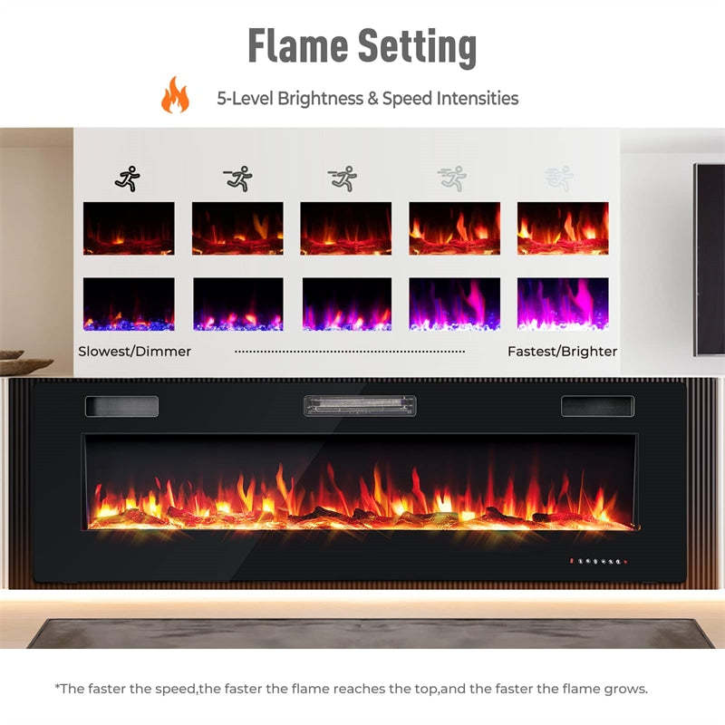 60" Ultra-Thin Electric Fireplace, Recessed & Wall Mounted Fireplace Heater with Log, Crystal Decoration, Remote Control, 8H Timer, Adjustable Flame