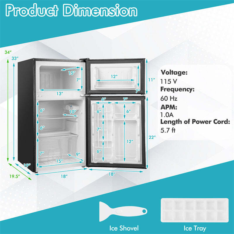 2 Door Mini Fridge 3.2 Cu.Ft. Compact Refrigerator with Freezer for Bedroom Dorm Apartment Office