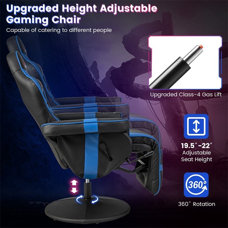 Gaming Recliner Adjustable Height Massage Gaming Chair with Retractable Footrest & Cup Holder, Ergonomic Swivel Video Game Chair Recliner Sofa