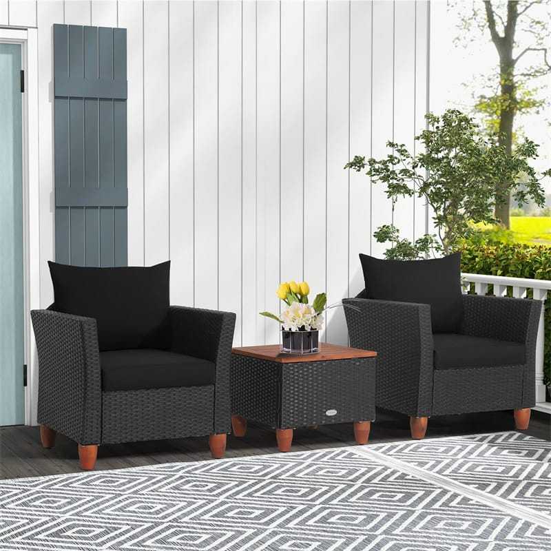 3PCS Patio Rattan Furniture Set Cushioned Sofa Chair Storage Coffee Table with Acacia Wood Top, Outdoor Wicker Conversation Set for Garden