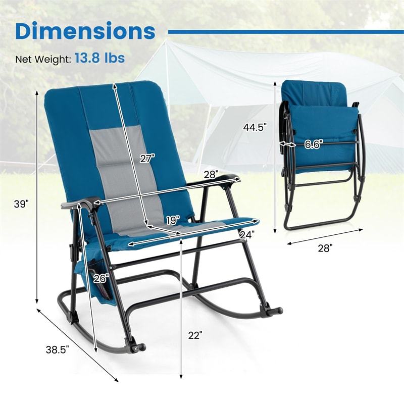 Oversized Folding Rocking Chair with Padded Seat & Metal Frame, Portable Patio Lounge Rocker for Camping, Backyard, 500 lbs Capacity
